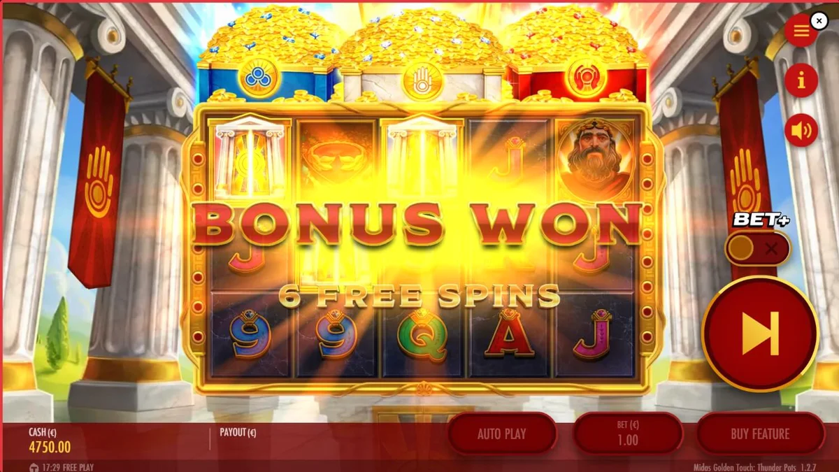 Tampilan visual slot Midas Golden Touch: Thunder Pots dengan tema mitologi emas.