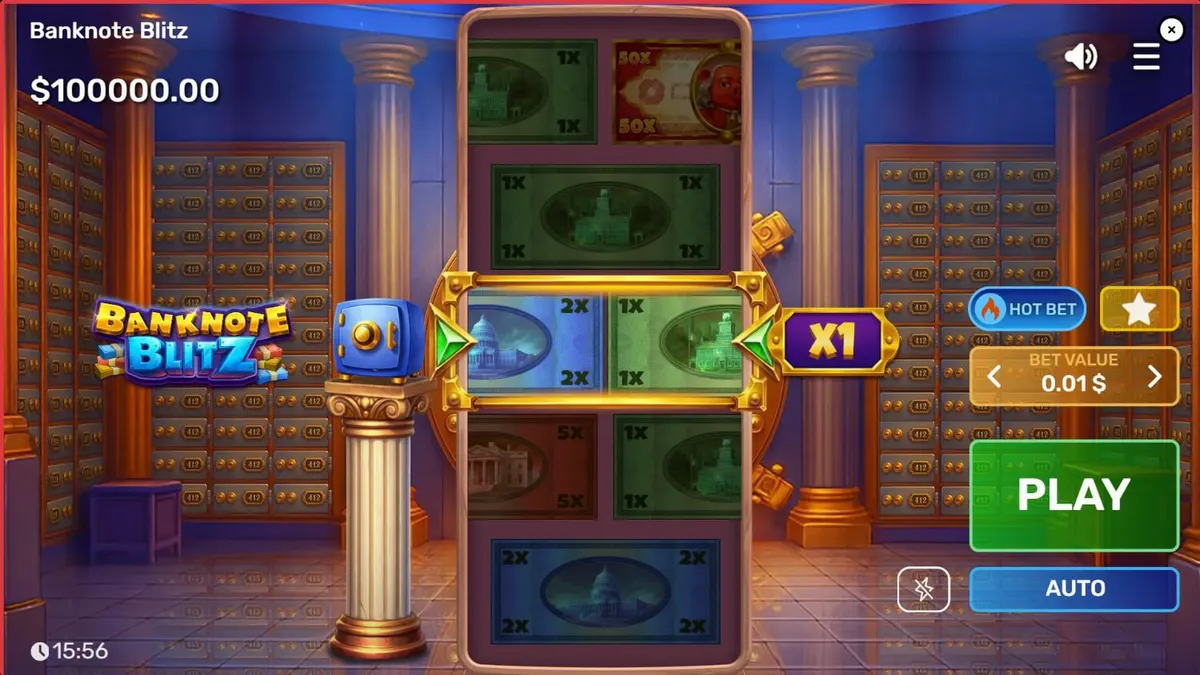 Tampilan visual slot Banknote Blitz dengan tema brankas bank yang mewah dan elemen uang kertas.