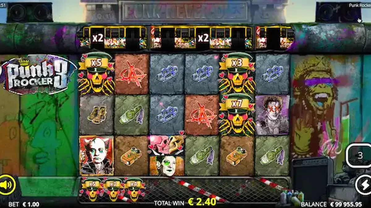 Grafis bertema punk rock dengan elemen visual kota Berlin pada slot Punk Rocker 3