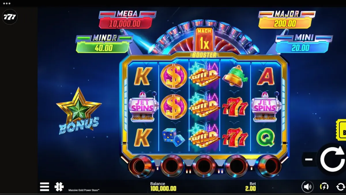 Tampilan layar permainan slot Massive Gold Power Staxx dengan tema luar angkasa dan simbol emas.