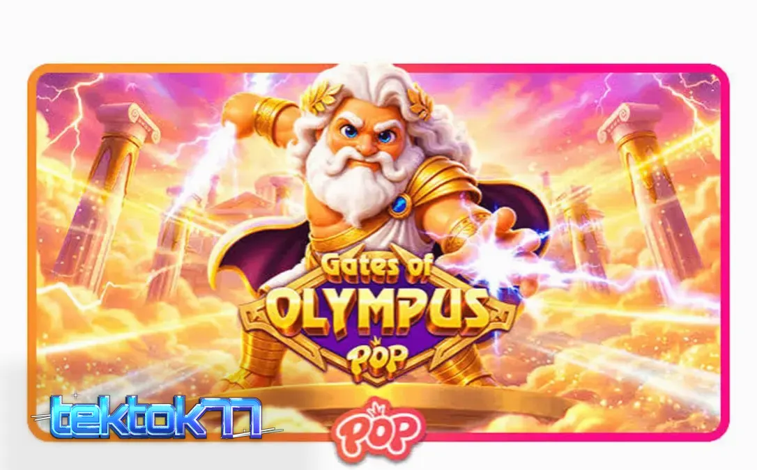 Tampilan layar permainan slot Gates of Olympus POP dengan Zeus yang tersenyum dan gulungan 3x5